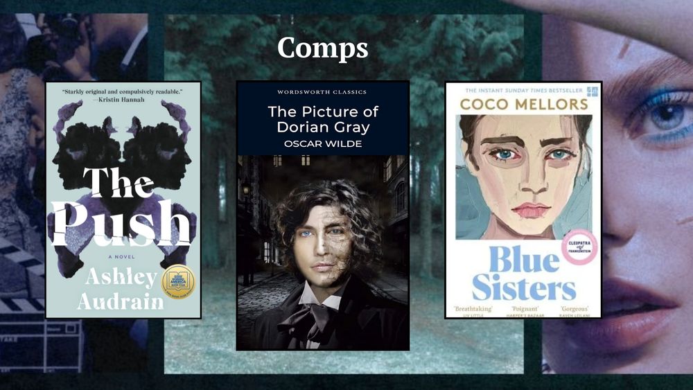 Three book covers, The Push with twin faces, The Picture of Dorian Gray a diseased man's face, Blue Sisters, a painting of a sad young woman's face.