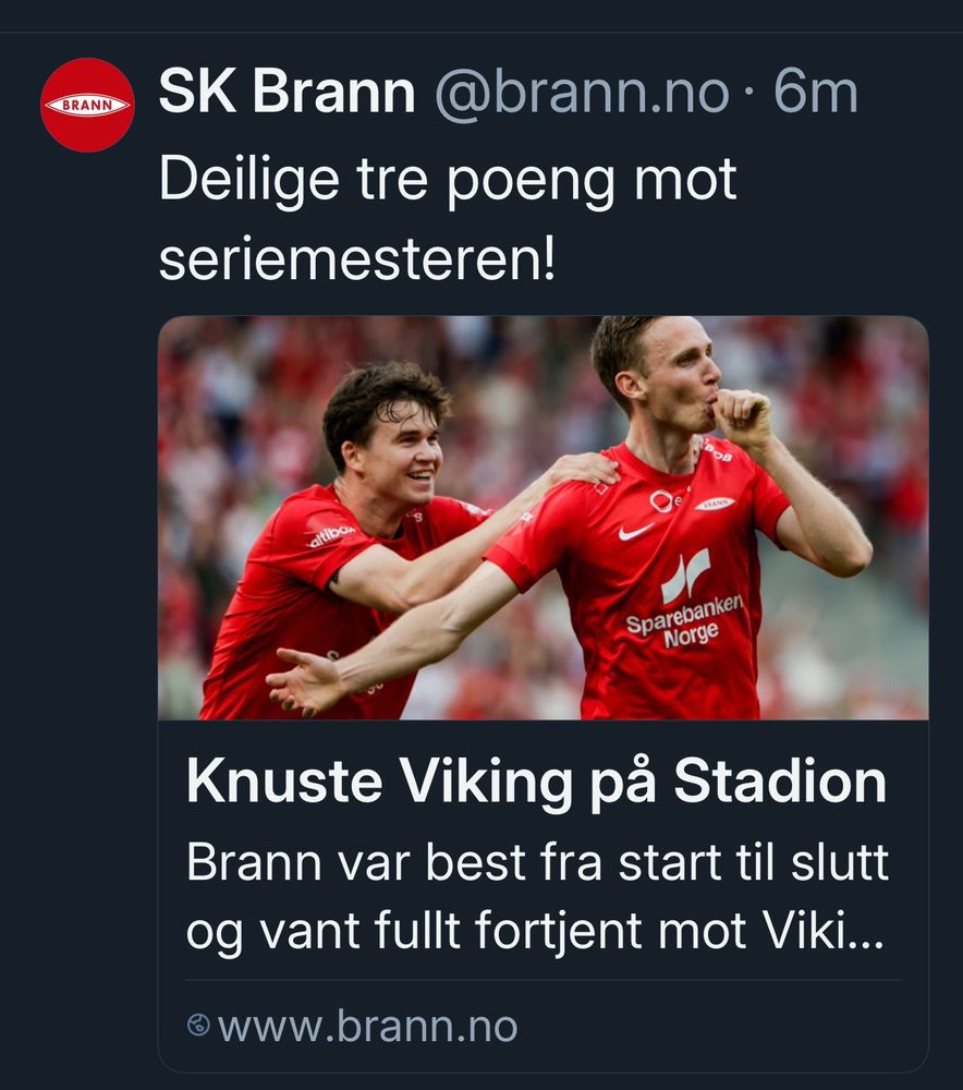 Screenshot fra SK Branns Bluesky konto: «Deilige tre poeng mot seriemesteren»
