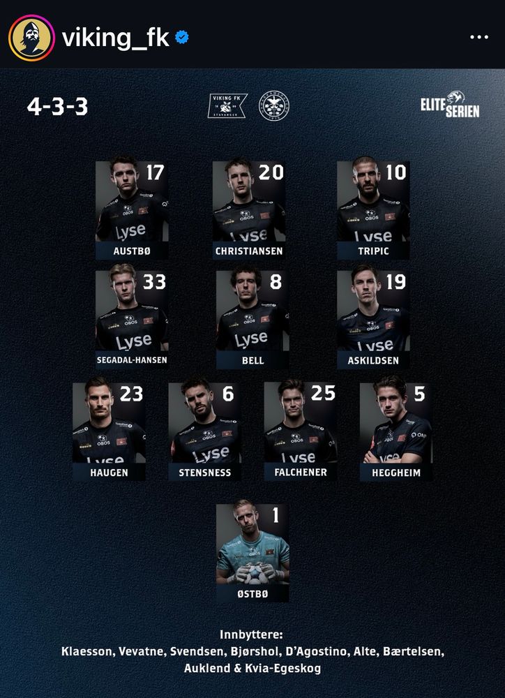 Viking (4-3-3): Arild Østbø - Henrik Heggheim, Gianni Stensness, Henrik Falchener, Kristoffer Haugen - Kristoffer Askildsen, Joe Bell, Jakob Segadal Hansen - Zlatko Tripic, Peter Christiansen, Edvin Austbø.
Benken: Kristoffer Klaesson, Viljar Vevatne, Sander Svendsen, Sondre Bjørshol, Nick D'Agostino, Ruben Alte, Anders Bærtelsen, Vetle Auklend og Simen Kvia-Egeskog.