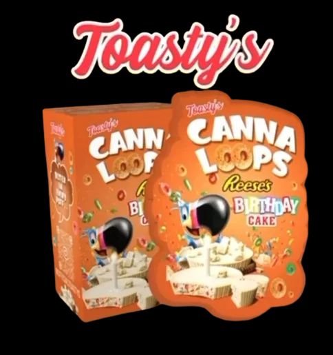 Toasty's Canna Loops Reese's Birthday Cake with Toucan character