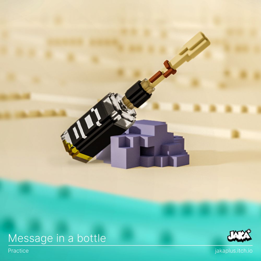 Voxel art scene titled "Message in a bottle." A black glass bottle with golden ends and a corked neck lies on a small lavender-colored voxel rock on a stylized beach. The background features soft, blurred tan tones representing sand, with hints of voxel vegetation and turquoise water in the foreground. A rolled message is visible inside the transparent part of the bottle. Text at the bottom reads: "Message in a bottle – Practice" with the Jaka+ logo and "jakaplus.itch.io."
