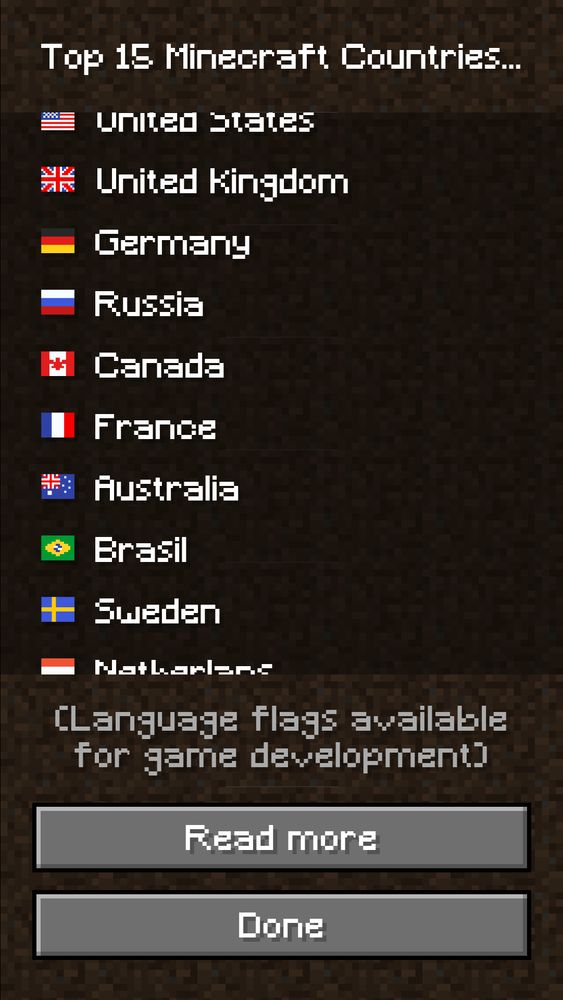 A mockup styled like Minecraft, showing a "Top 15 Minecraft Countries" list. The UI uses Minecraft's classic pixelated brown and dark gray interface with pixelated white text. Each country is listed alongside a pixelated flag, with familiar countries like United States, United Kingdom, Germany, and Russia at the top. The interface looks natural within Minecraft’s blocky, low-res art style, demonstrating how the flags could fit into in-game menus.