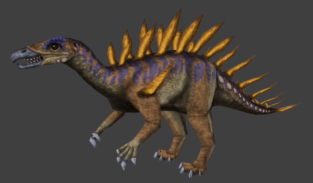 Rare, alternate variant in default pose. Has a dull orange and tan body, with blue stripes running down its body, and bright, golden yellow plates/spikes.