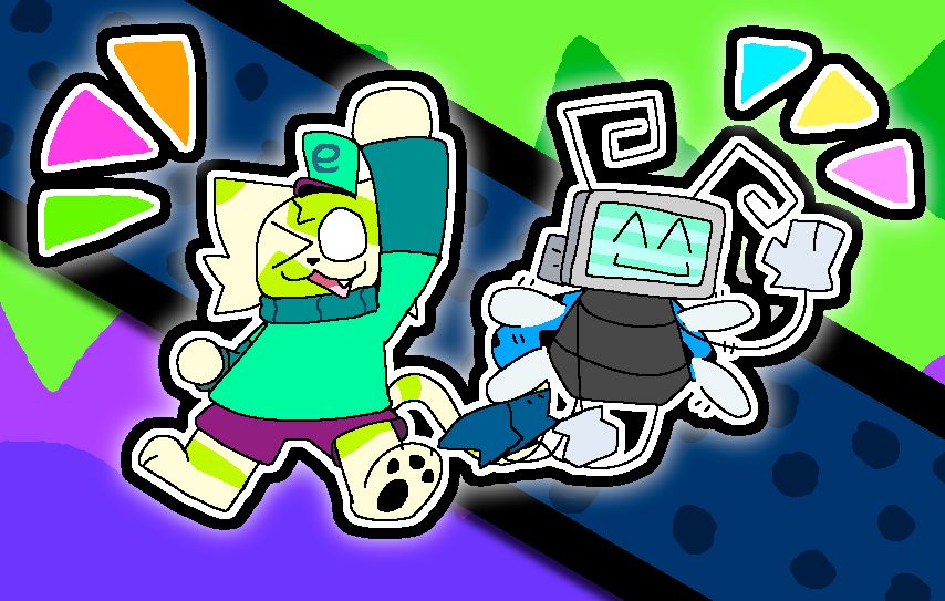 Morcy is on the left and Ladybyte is on the right. Morcy is striking a jumping pose, wearing their usual attire of a green hat, green turtleneck sweater and purple shorts. Ladybyte is waving at the viewer, flying.