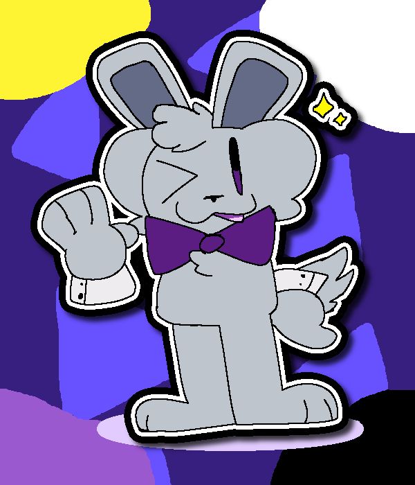 Olive, a gray bunny that wears a big purple bowtie and wristcuffs. Their eyes have a purple highlight to them.