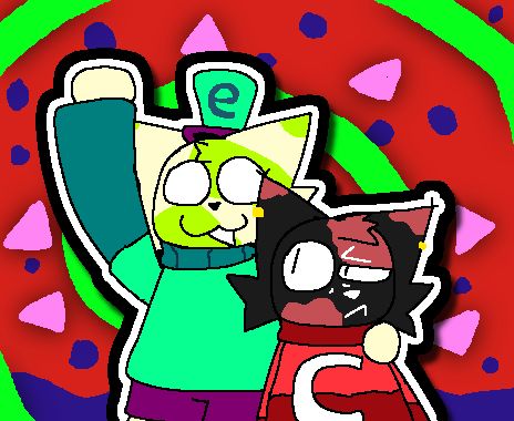 A drawing of Morcy and YCROM. Morcy is the beige cat with green spots, wearing a green turtleneck and cap. He's waving towards the viewer. YCROM is the black cat with red spots, wearing a red turtleneck and earrings. She is looking towards Morcy with a annoyed look.