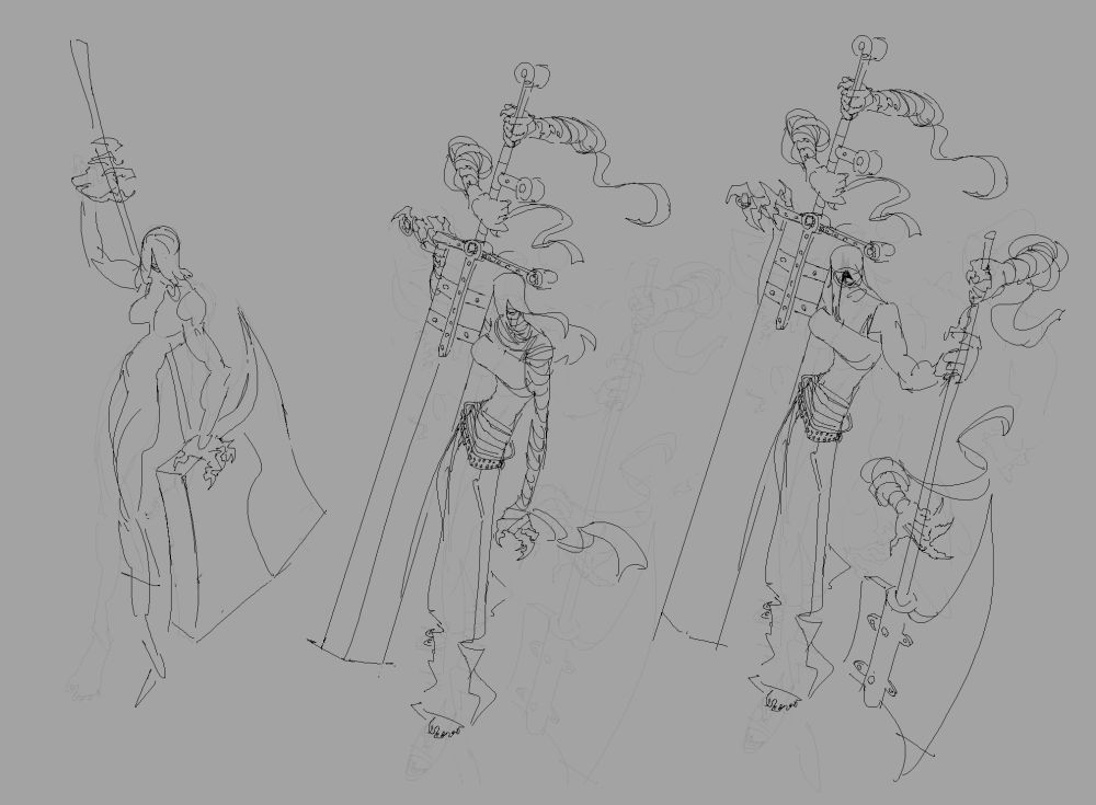3 sketches of women with huge weapons 