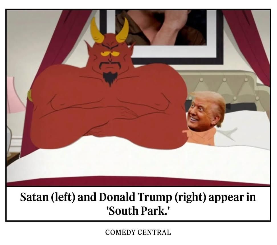Screenshot RollingStone. Satan (left)and Donald Trump (right) appears in 'South Park'