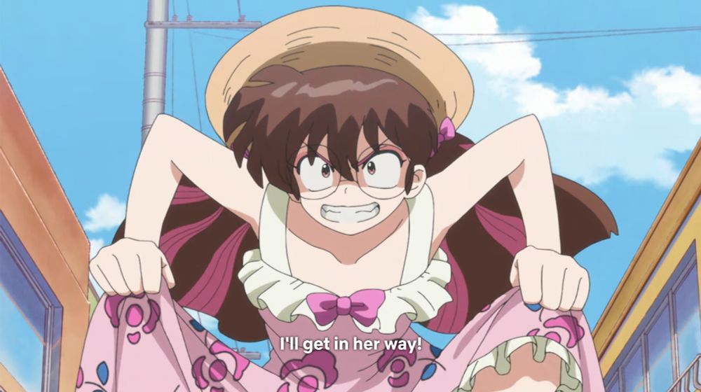Girl Ranma, wearing a floral dress, glasses, and a cap, and presumably a wig, on her way to screw up Ryoga and Akane's date.