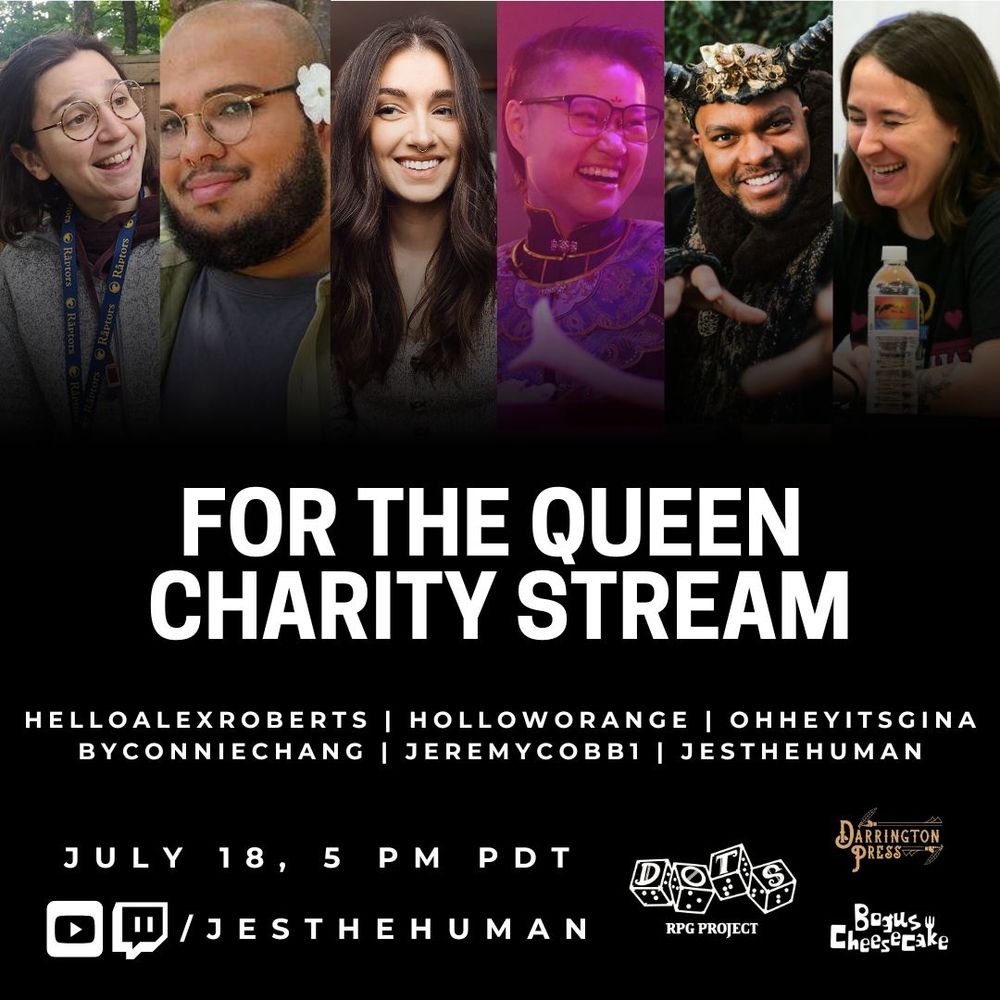 graphic with each of the tagged cast members. text that says for the queen charity stream. 
