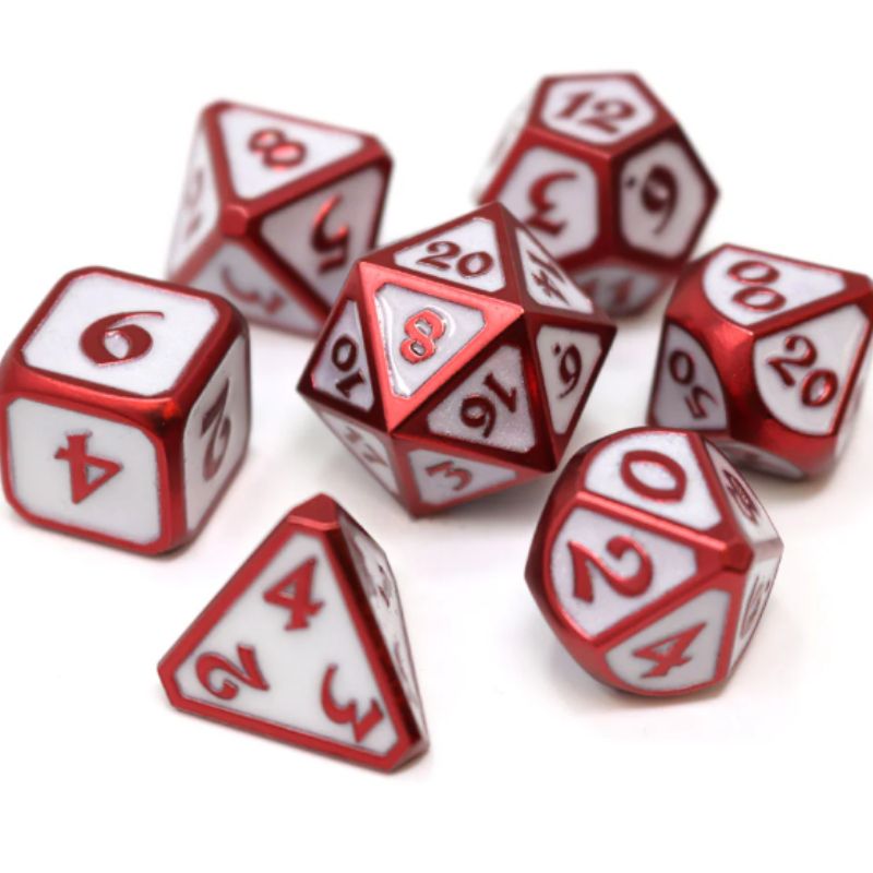 red and white metal dice