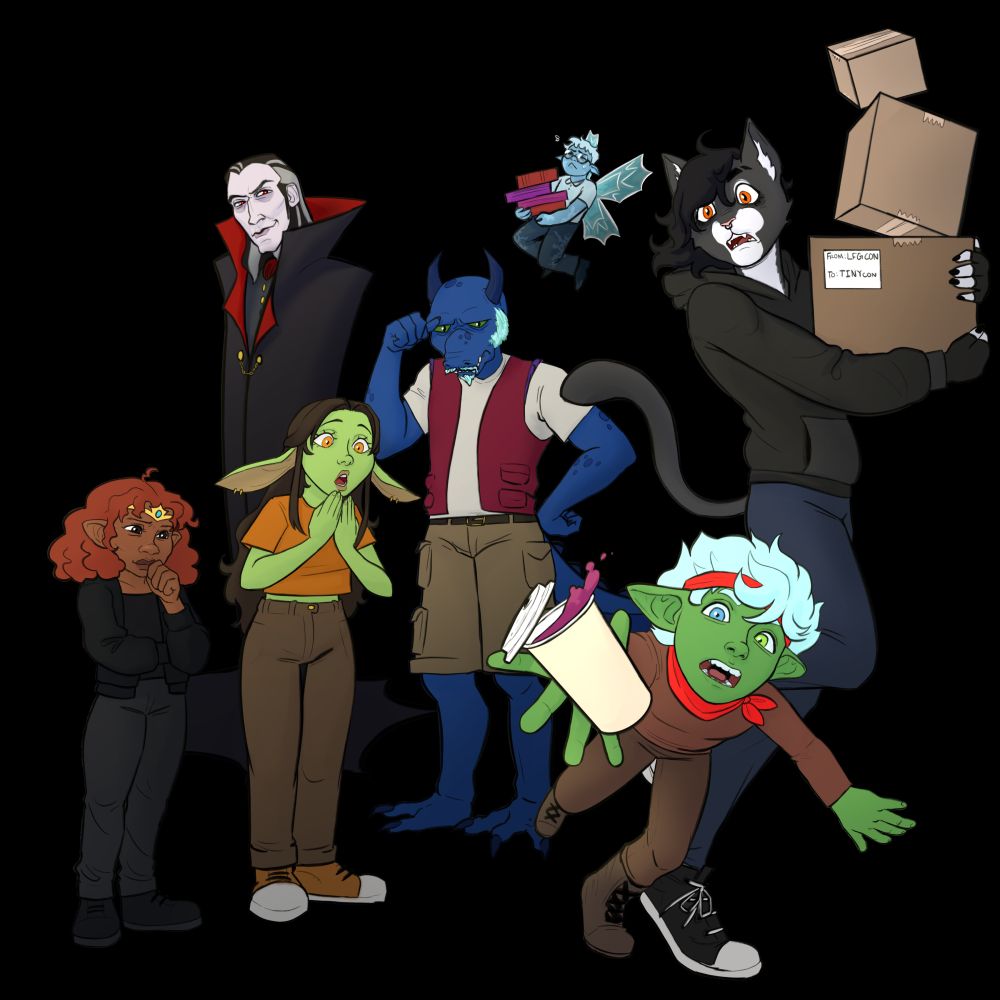 There is a halfling with curly hair, a tall vampire, two green goblins, a small fairy, a concerned kobold, and a tall cat boy holding boxes