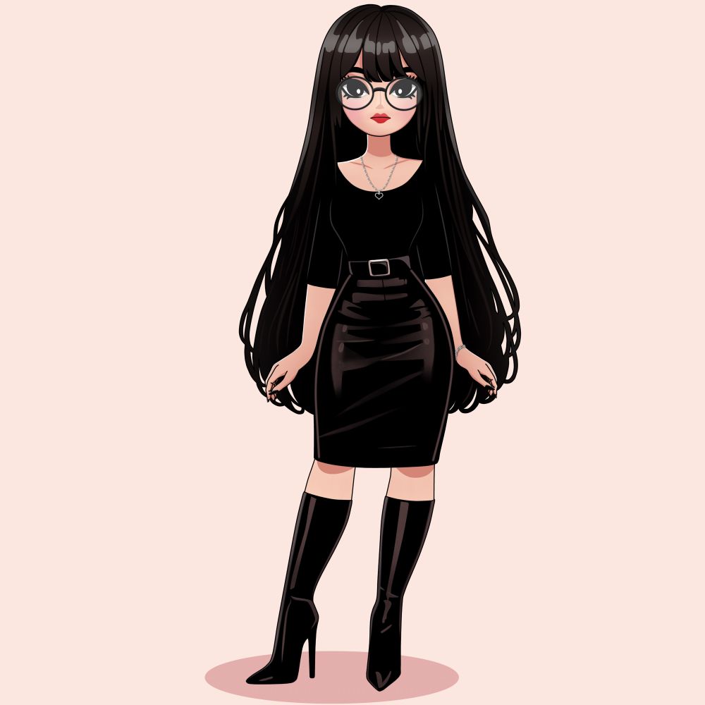 Woman with black hair and glasses wearing a black top, leather pencil skirt, and black high heeled boots. 