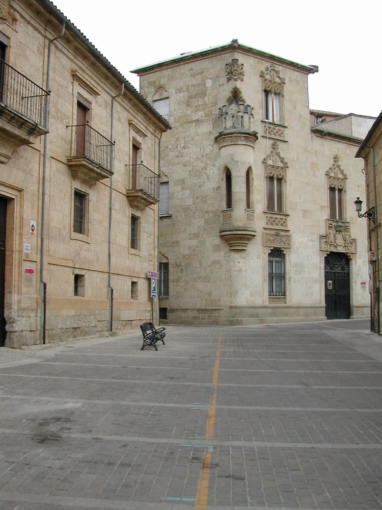 Calle desierta. Un banco vacío. Casas antiguas de piedra a los lados. Al fondo en esquina un palacio. Ventana saliente con forma de torrecilla en esquina, puertas y ventanas muy adornadas, tres alturas.
Palacio de la Marquesa de Cartago.