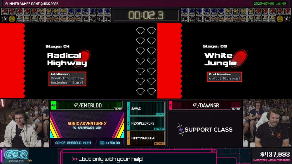 A screenshot of the Games Done Quick stream showing DawnSR, Emerldd, HexSpeedruns and Savac alongside their gameplay, a timer and a tracker for their progress.