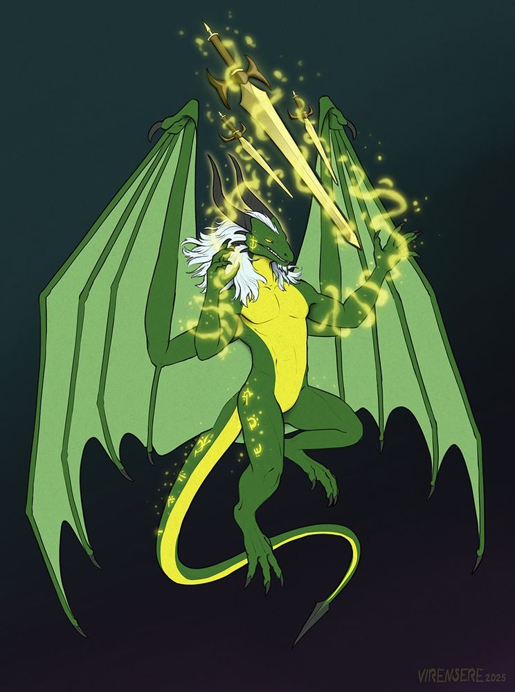 Digital drawing of an anthro green dragon with white hair floating in air and summoning 3 swords with yellow glowing magic.
