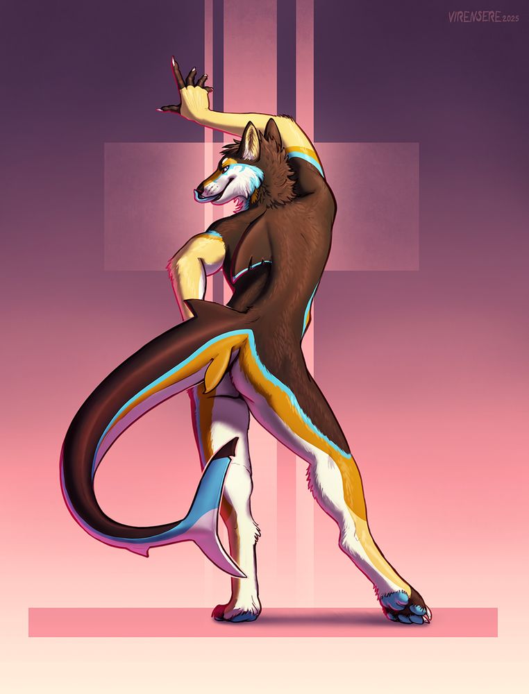 Digital illustration of an anthro wolfshark. Body of a wolf, with a shark tail and fin on his back. The pose gracefully stands with back turned to the viewer looking back.