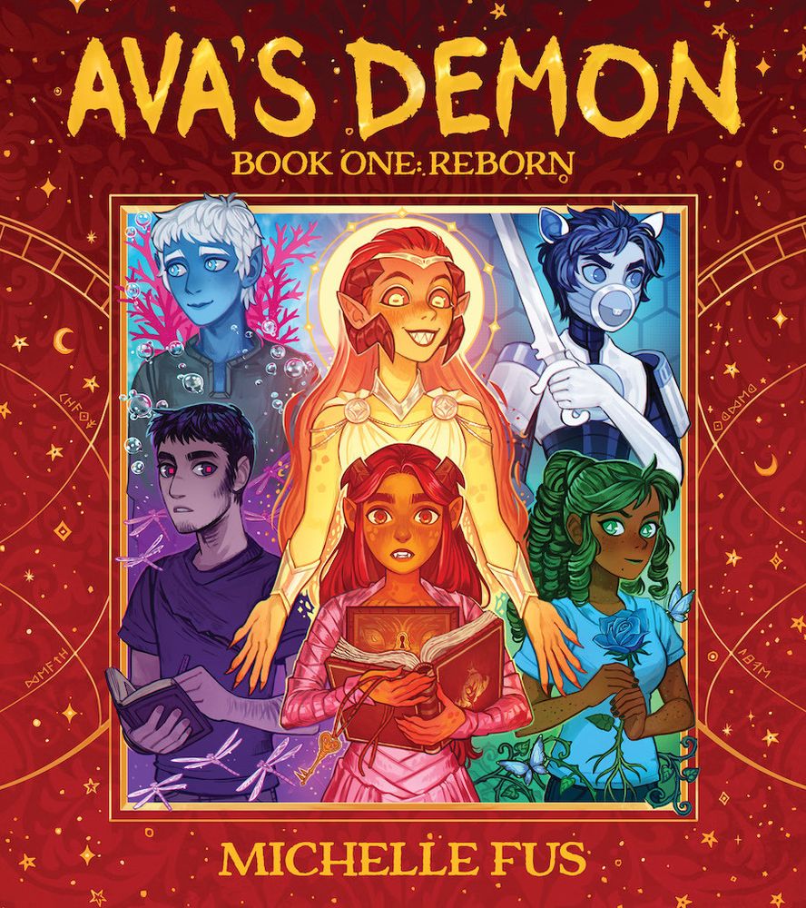 Ava's Demon book cover with e central illustration in a red border with the title at the top. It is book one: Reborn. 
The central illustration shows Ava, a young girl with long hair holding a book. She has horns and orage eyes and sharp teeth. She wears a dress that wraps around her like bandages, and has a square panel on her checks with a key-hole in it. She is coloured in pink and orange. Above her stands a bright orange and yellow demon woman who also has horns that point downwards and spiked teeth. She wears a toga-style dress and a circlet.
To Ava's right is a girl with brown skin and green curly hair tied in a ponytail. She is holding a green flower and wears a green tshirt. There are butterflies and plant vines around her. Above her stands a robot woman with pale blue skin and wite armor. Her hair is short and blue and her eyes are entirely blue. She has white robot cat ears with blue insides. She is weilding a white sword.
To Ava's left is a boy with dusky skin holding a small book. He has short dark hair and wears a torn purple tshirt. His eyes are dark and his pupils are bright red. There are purple dragonflies around him. Above him is a boy with blue skin and short white hair. He wears a black tunic and there are bubbles floating around him. Behind him are bright pink coral formations.
The border is a red filligree pattern with golden celestial patterns over the top.
At the bottom is the creator's name, Michelle Fus.
