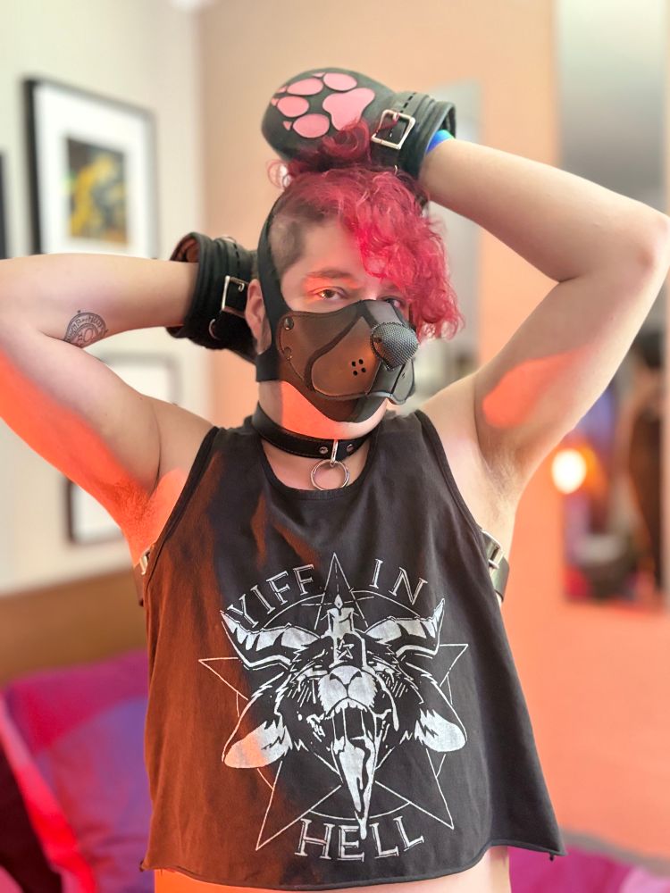 A photoshoot of me with freshly dyed red undercut in a jockstrap, collar, “Yiff in Hell” Pentagram crop top, and a pup muzzle.