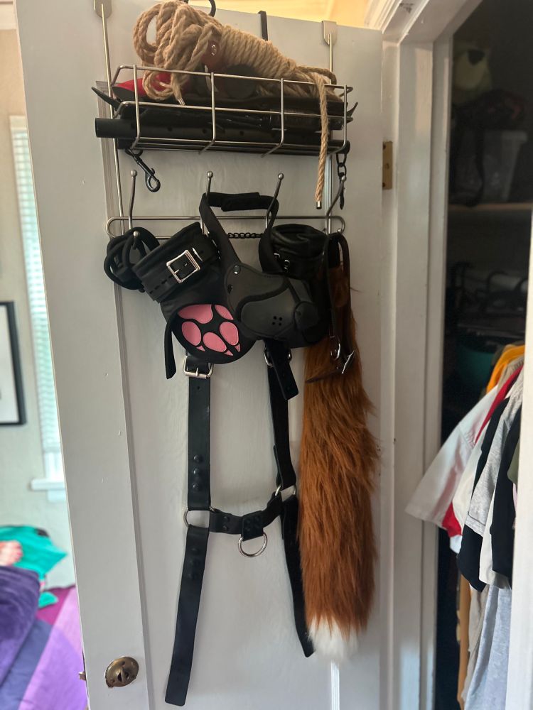 Assorted toys hanging from a coat rack behind a closet door. There is a pup muzzle, cuffs, pup mitts, shibari rope, leather harness, and a broken down spreader bar visible.