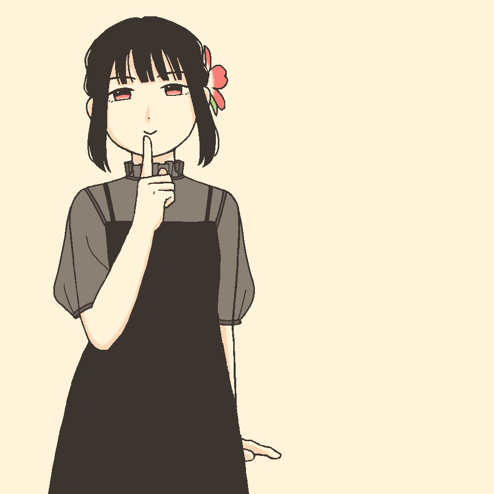 VOCALOIDのVY1を作者のイメージで描いた絵です。シースルー生地のある黒いワンピースを着た黒髪赤目の女の子です。髪は前髪以外はまとめて、赤いハナミズキの花を飾っています。