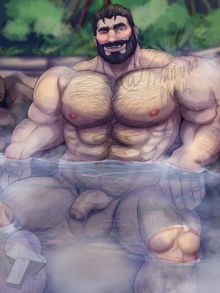 Bernard is relaxing in the hotspring, arms supported by the rocks that help hold in the water, while his legs are spread giving you a clear view of his flaccid cock, and family jewels. The clear, clean water not hiding anything from your view as he sits there, sweat glistening on his skin. Rolling down his form, all caused by the heat of the water itself and steam coming off of it. Meanwhile, there's a smile on his face clearly happy at your presence, and one of his eyes are open as if he had them closed before. 