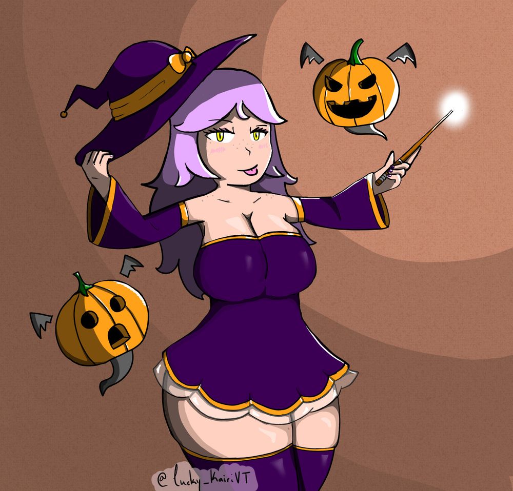 A busty witch with a glowing wand in her left hand. She is wearing a purple dress and holding her purple hat in her right hand. She is surrounded by floating pumpkin ghosts. 

Her thighs are very very large.