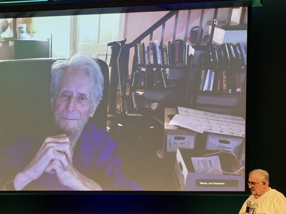 Ted Nelson (on Zoom) talking with Lee Felsenstein