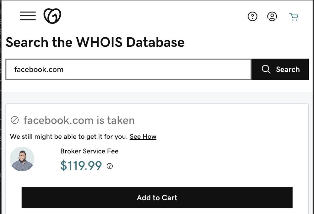 GoDaddy screen saying it might be able to buy Facebook.com on my behalf for a $119.99 brokerage fee