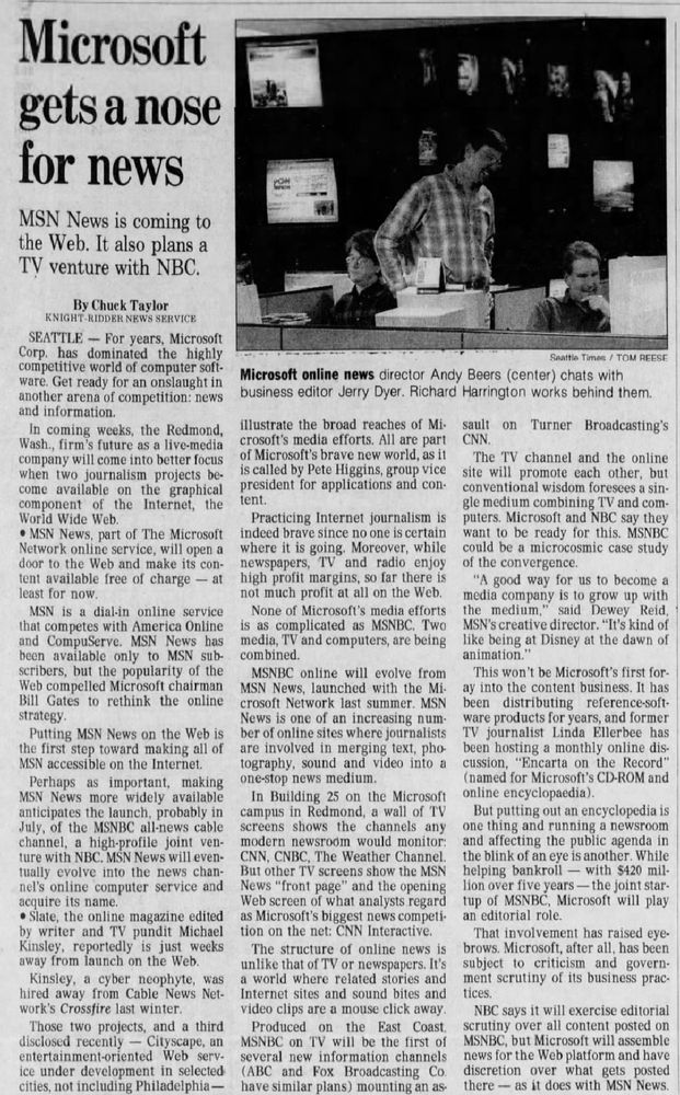 1996 article on Microsoft’s growing interest in news, as expressed in MSNBC.