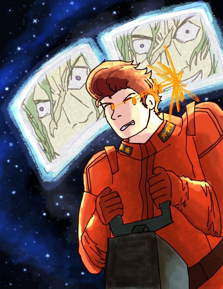 A digital drawing of Lonestar from Feddie Scum struggling to pilot his Rick Dias while transmission images of Cav Walker grin wildly at him in the background. He is a guy with a brown pompadour-like haircut and an orange-red normal suit. He’s backlit by the glow of the screens behind him and is clutching the controls angrily. The drawings of Cav resemble the screenshots of Master Asia doing the “get mad” bit in G Gundam.
