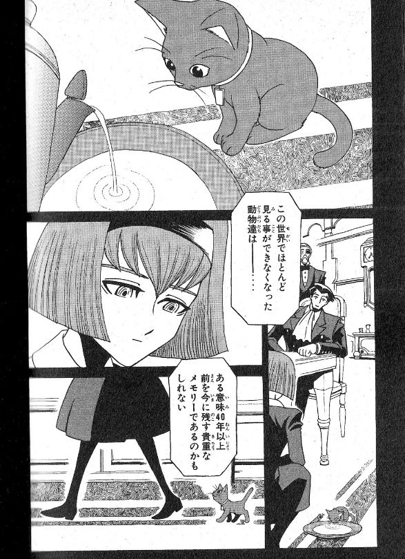 Dorothy pours some milk for the cat, and the cat follows behind her 