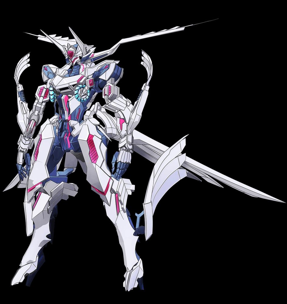 Kunus from Bravern. She’s a white mecha with purple and pink and blue accents with angel wings and a praying mantis like head