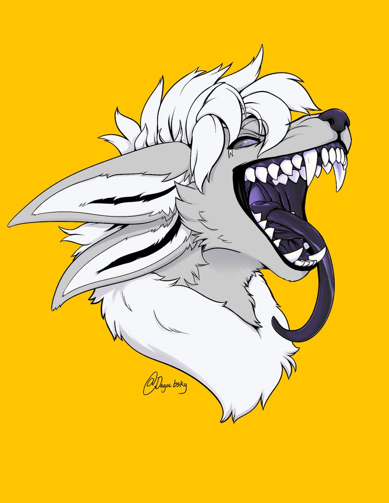 Bust of a furry creature called a shadekin, which has two ears and a really long tongue curing out the mouth. Its eyes are faded purple, the mouth is a dark purple and the fur is grey with white hair. Very toothy grin!