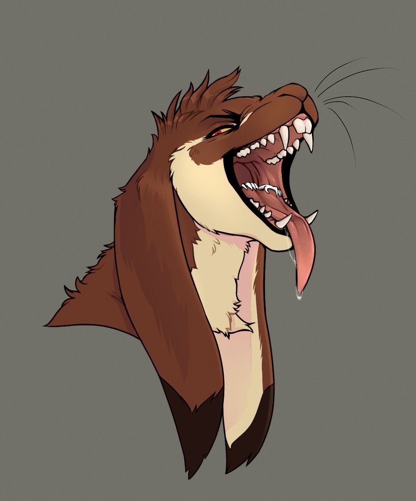 A headshot of a fursona that looks like a stoat with rabbit teeth and long rabbit ears. Their mouth is wide open and drooling with a small pair of hands disappearing down. Very vorny kinky stuff teehee