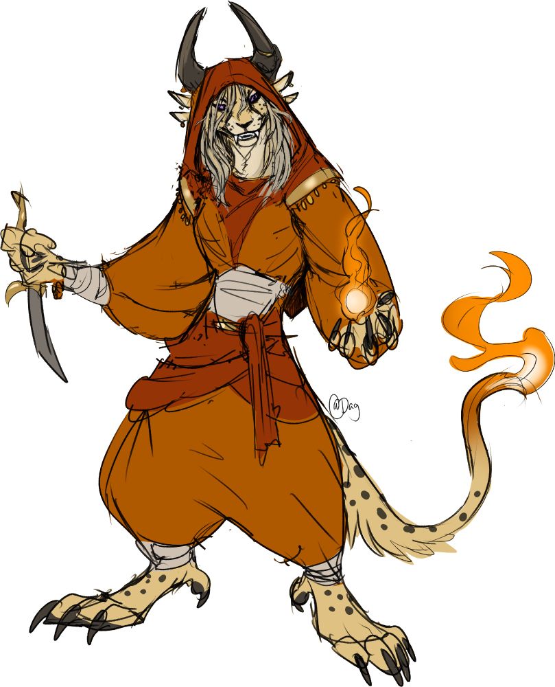 An anthropomorphic cheetah feline wearing orange baggy clothes that look very fashionable on her. She has two horns on her head, witchy unkempt hair coming out of her hood, and smiling while holding a dagger in her right hand and a fireball in her left. Her tail is also producing a flame.