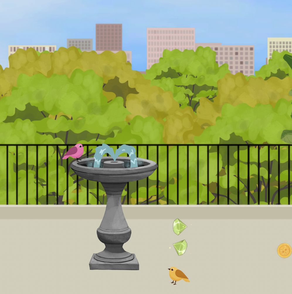 Birds on a balcony overlooking a park