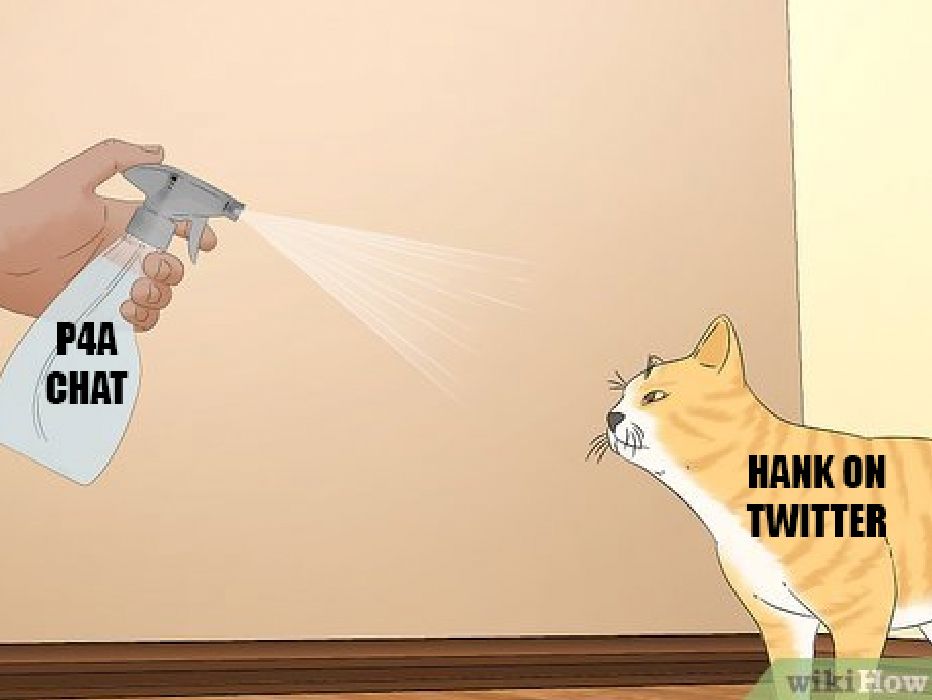 spray bottle labled P4A chat aimed at a cat labled hank on twitter