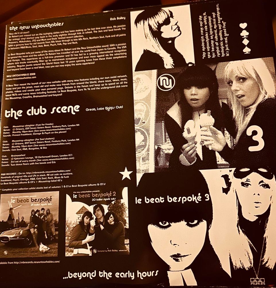 The inner sleeve features a promotional flyer from "The New Untouchables", highlighting music and club culture. It includes text about the club scene, album compilations titled "Le Beat Bespoke," and features black-and-white graphics of individuals.