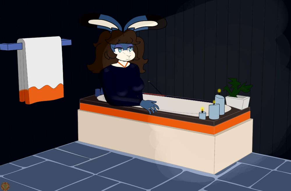 Satsuma relaxing in a bathtub wearing a latex suit. Candles light her body while an incense stick smolders nearby. Her dectorative towel hangs nearby, waiting for use.   In the bottom left is my attempt at an artist watermark, unsure if I am satisfied with its design.