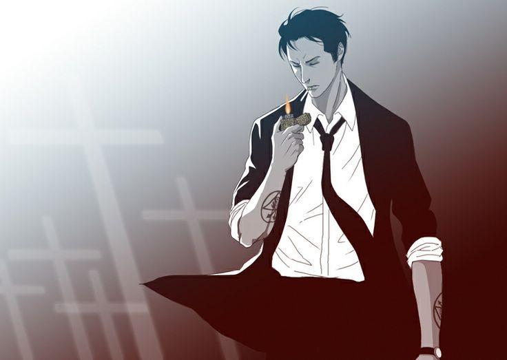 Fanart of Keanu Reeves as John Constantine, lighting up a cigarette