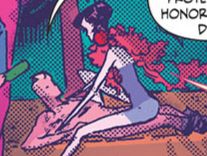 John Constantine in a laying position being ridden by a demon named Blythe