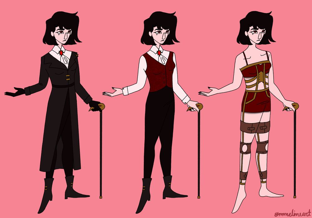 a reference image of irene. there are three outfits, one is her everyday outfit, one is her everyday outfit without her coat, and one is her in her undergarments to show her bracing.
irene is a short, pale, thin, woman with a short, severe black bob. she is disabled and uses a cane with a golden birds head handle, it’s eye is a red gem. she has a hooked nose and dark red eyes that almost look brown. her nails are sharp and painted black. in her everyday outfit, she wears a long black coat with gold buckles over a white dress shirt. she wears a cravat with a large red gem with a golden starburst frame pin. she wears black gloves, black pants, and black heeled boots with golden buckles, the boots go up a little past her ankles. 
her everyday outfit without her coat is the same, except it shows that she wears a formal red vest under the coat, but over her dress shirt.
the last outfit shows her in red undershorts with lace on the hem, and a matching red bralette. she is wearing supportive bracing all over her body, the metallic parts are gold. they are similar to old school polio medical braces.