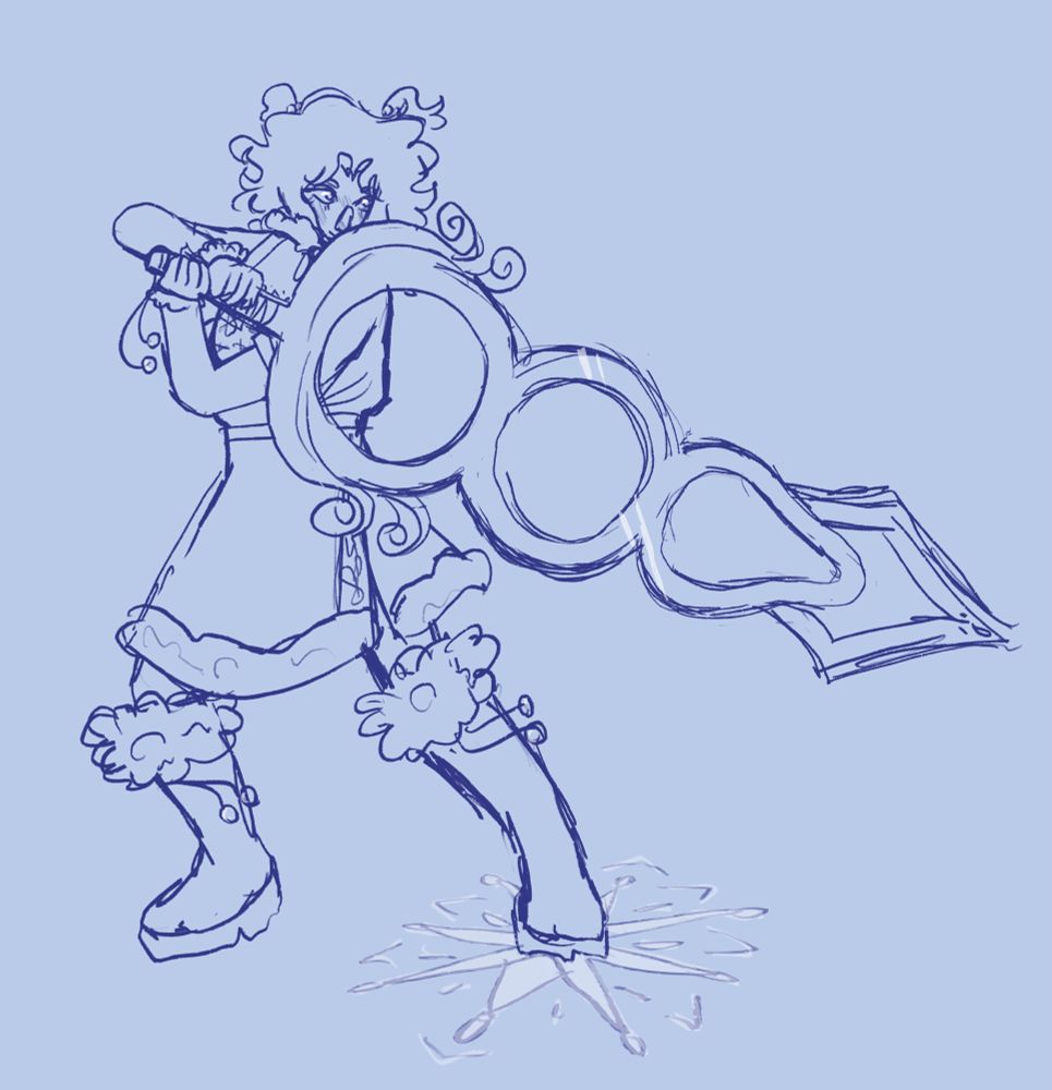 a sketch of a woman with a large sword stands confidently wielding it. a snowflake extends on the floor out from her foot. she has short curly hair with two poofs of hair gathered on the top of her head. she wears a coat with fur linings and a skirt. her boots are knee length and fur lined as well.