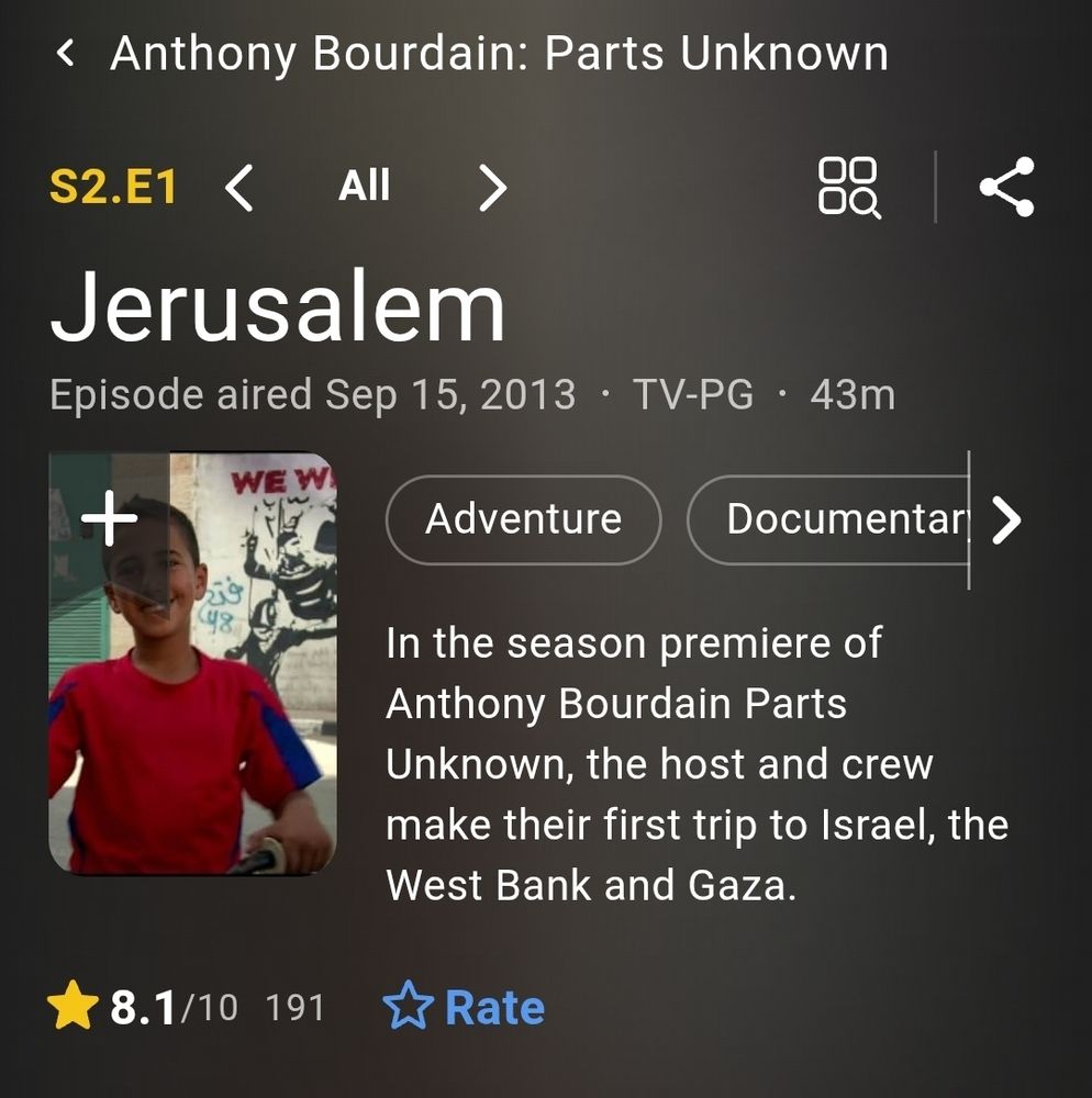 IMDB screen grab of a Parts Unknown episode partially filmed from Gaza and the West Bank