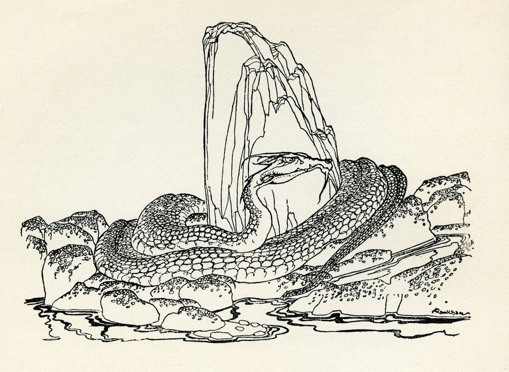 Black and white illustration of The Laidly Worm by Arthur Rackham. A long-bodied dragon coils around a jagged rock, its eyes open and glaring. 