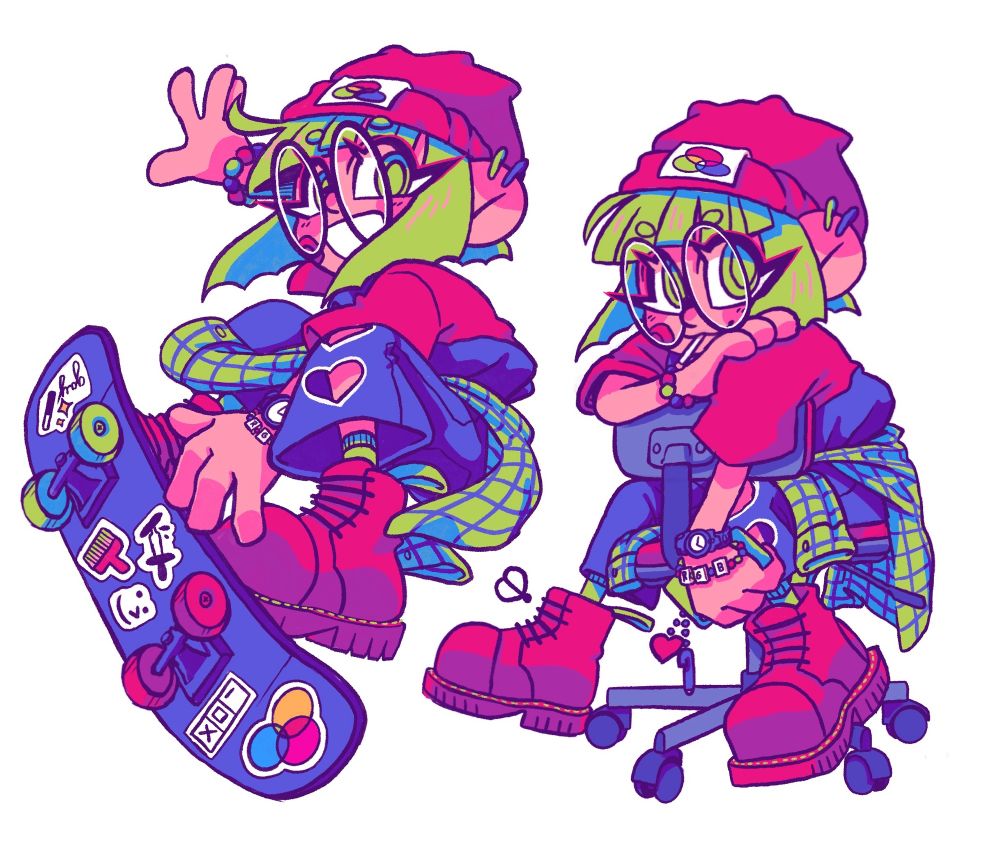 Drawings of my original character RGB-chan. Shes doing a skateboard trick on the left and sits non-heterosexually on a chair on the right
