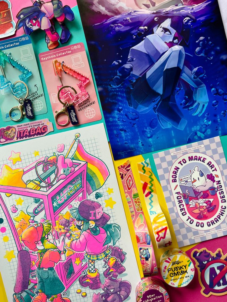 Multiple colorful items such as prints, washi tape, charms and stickers laid down in a grid pattern