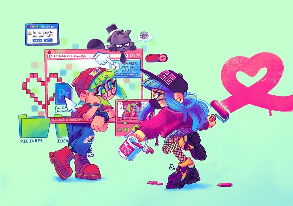 Illustration of my original characters RGB-chan and CMYK-chan.