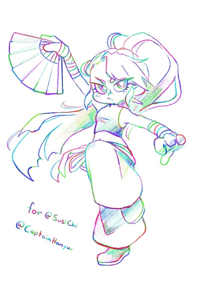 A character with a long ponytail wielding a fan in a combat martial arts pose